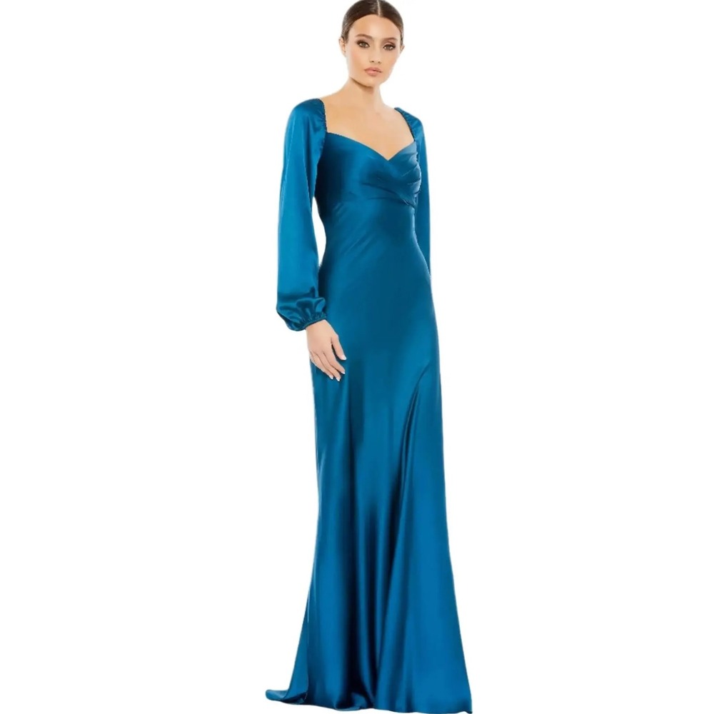 Mac Duggal 495191 Ocean Blue Satin Long Sleeve Gown Formal Dress Size 16 NEW